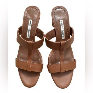 Manolo Blahnik Brown Leather Double-Strap Heel Sandals